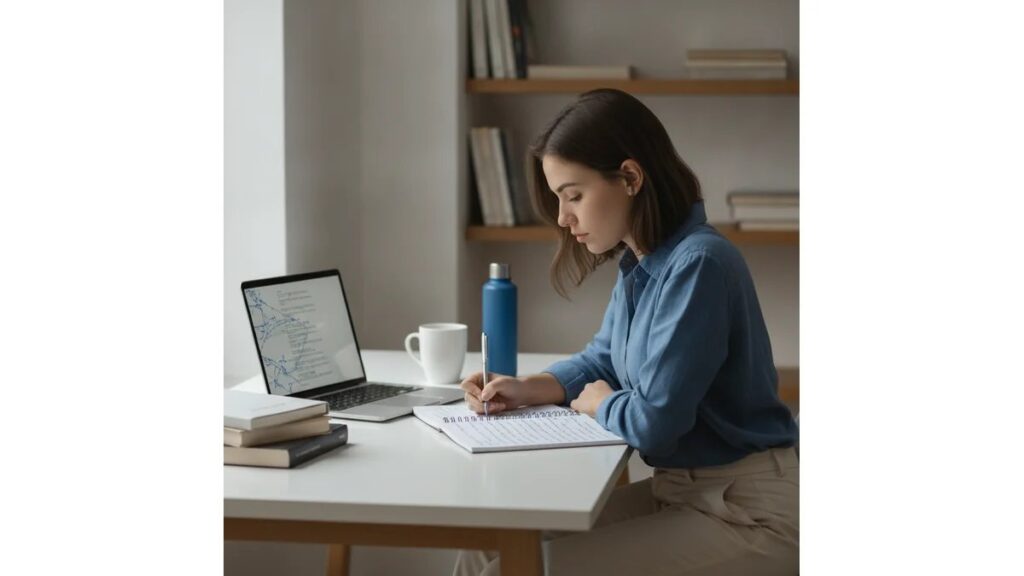 Estudante universitária escrevendo Como Fazer Introdução de TCC em laptop com notebook e caneta, ambiente acadêmico moderno