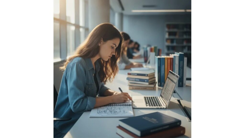 Estudante universitária estruturando Como Fazer Monografia de TCC em biblioteca moderna com notebook e materiais ABNT