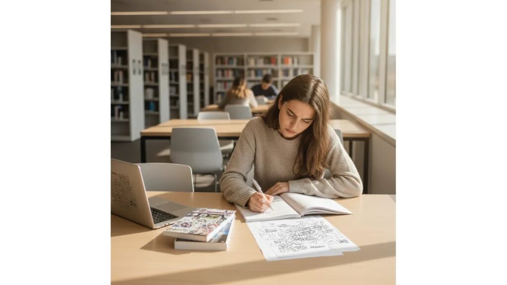 Estudante universitária estruturando como fazer projeto de pesquisa em biblioteca moderna com documentos e notebook