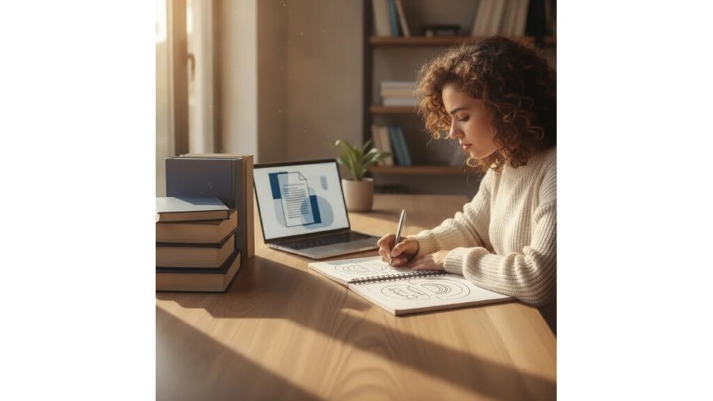 Estudante universitária organizando materiais de pesquisa em como fazer referências ABNT, com livros e laptop em mesa de estudo iluminada por luz natural