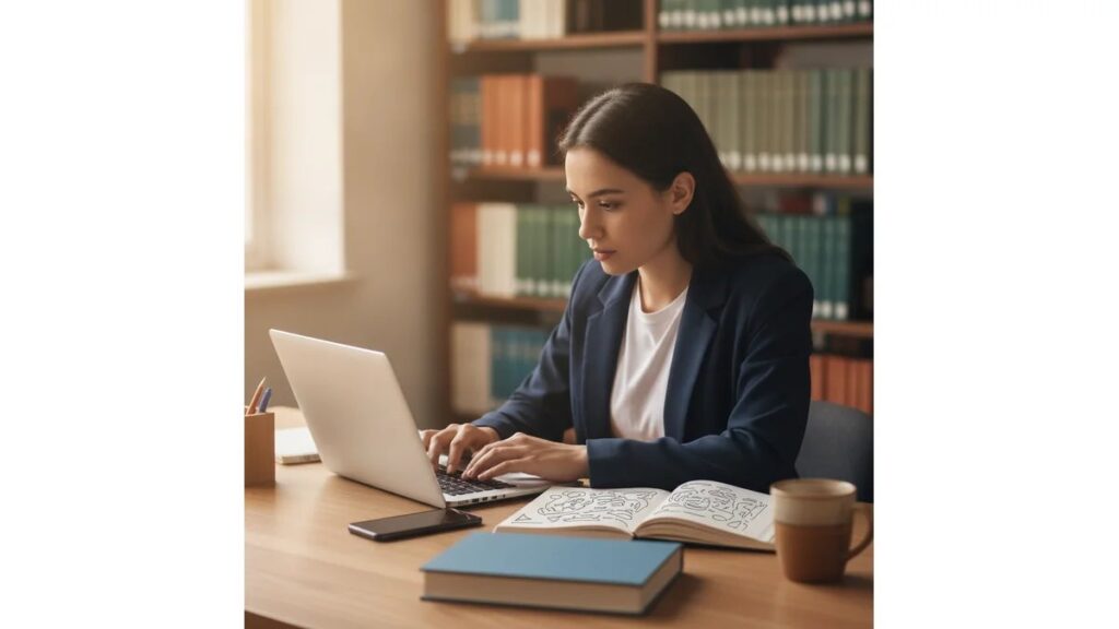 Estudante universitário brasileiro concentrado elaborando como fazer relatório de estágio em notebook, com livros e anotações organizadas sobre mesa de madeira em ambiente acadêmico profissional