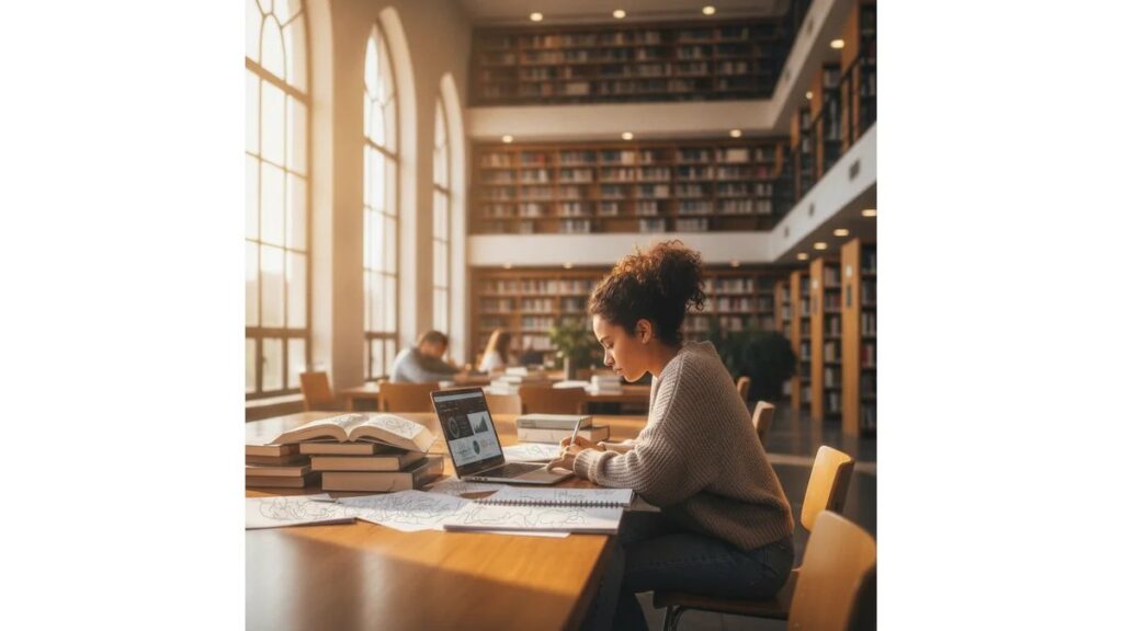 Estudante universitária brasileira aprendendo Como Fazer Revisão de Literatura em biblioteca moderna com livros, notebooks e laptop