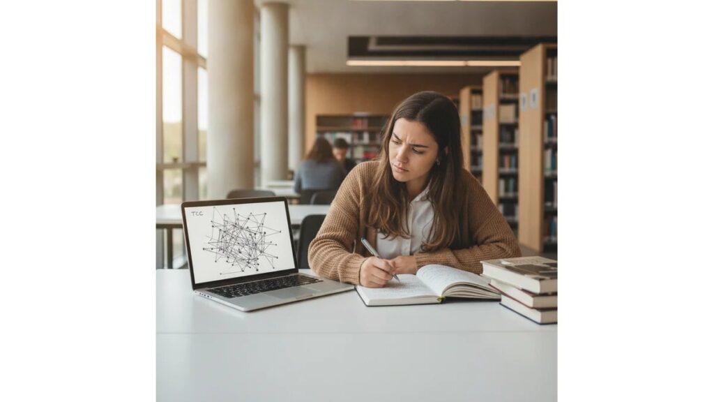 Estudante universitária aprendendo em Como Fazer TCC Anhanguera, em biblioteca moderna com notebook e materiais de pesquisa