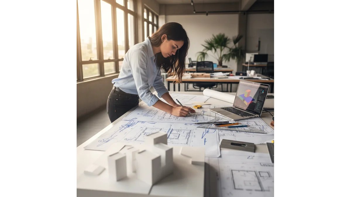 Estudante de Arquitetura trabalhando em projeto arquitetônico com pranchas técnicas, laptop e maquete sobre mesa iluminada