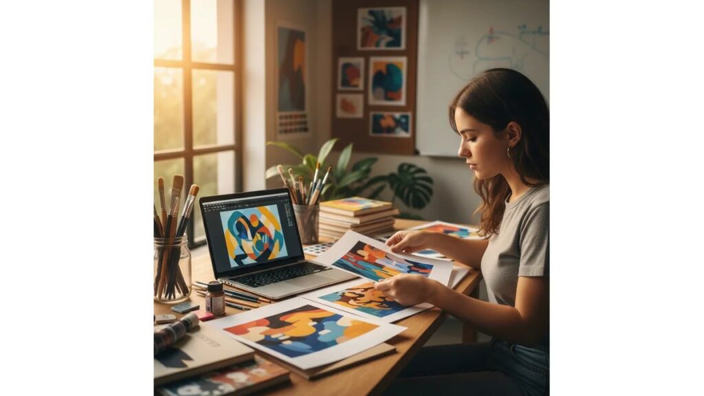 Estudante de Artes Visuais aprendendo como fazer TCC de artes visuais, com laptop, portfólio de obras artísticas e materiais de arte organizados em mesa de ateliê acadêmico