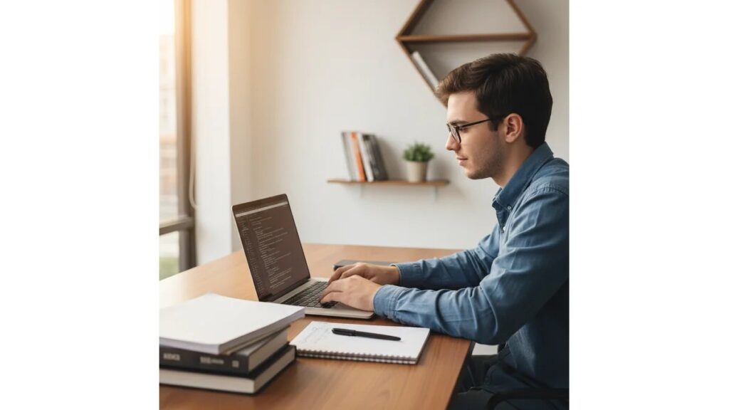 Estudante de Engenharia de Software trabalhando em laptop com código na tela e documentos de TCC ao lado em ambiente de estudo organizado, aprendendo em como fazer tcc de engenharia de software