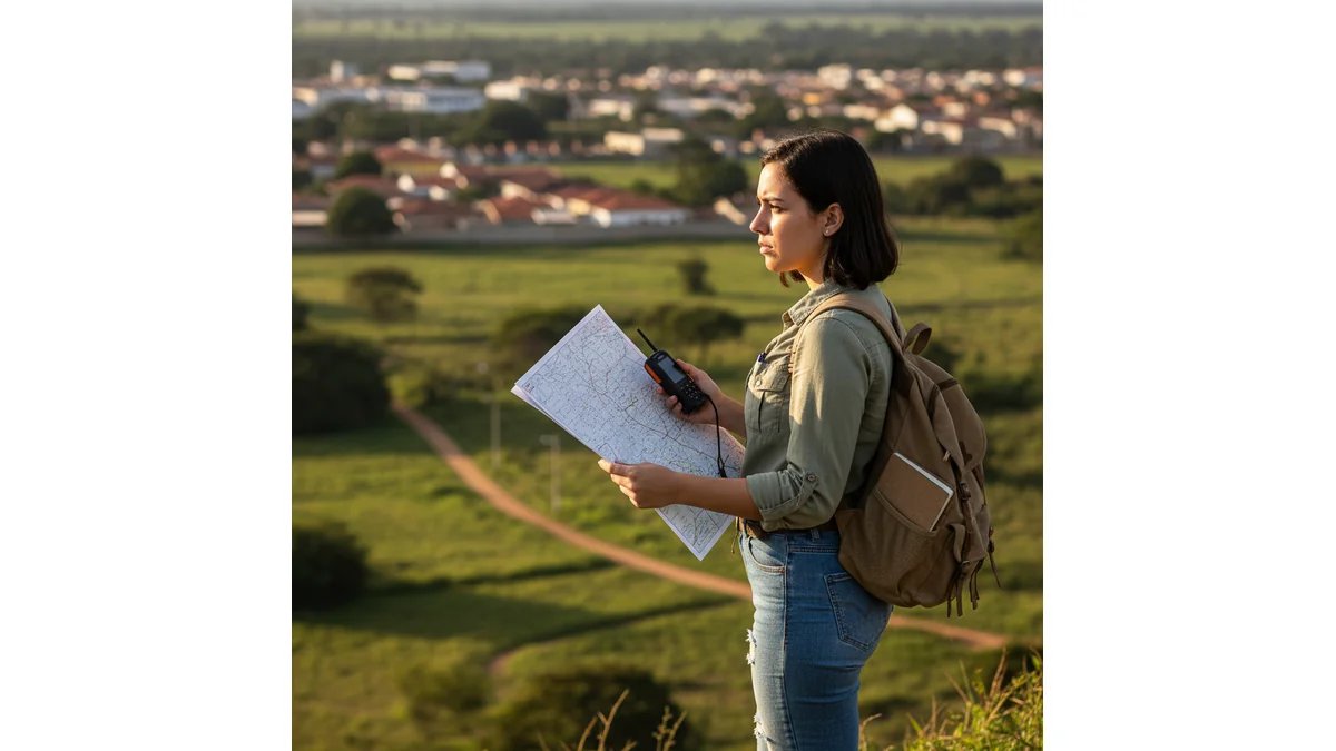 Estudante de Geografia em trabalho de campo com mapas, GPS e equipamentos de pesquisa, representando a prática da pesquisa geográfica