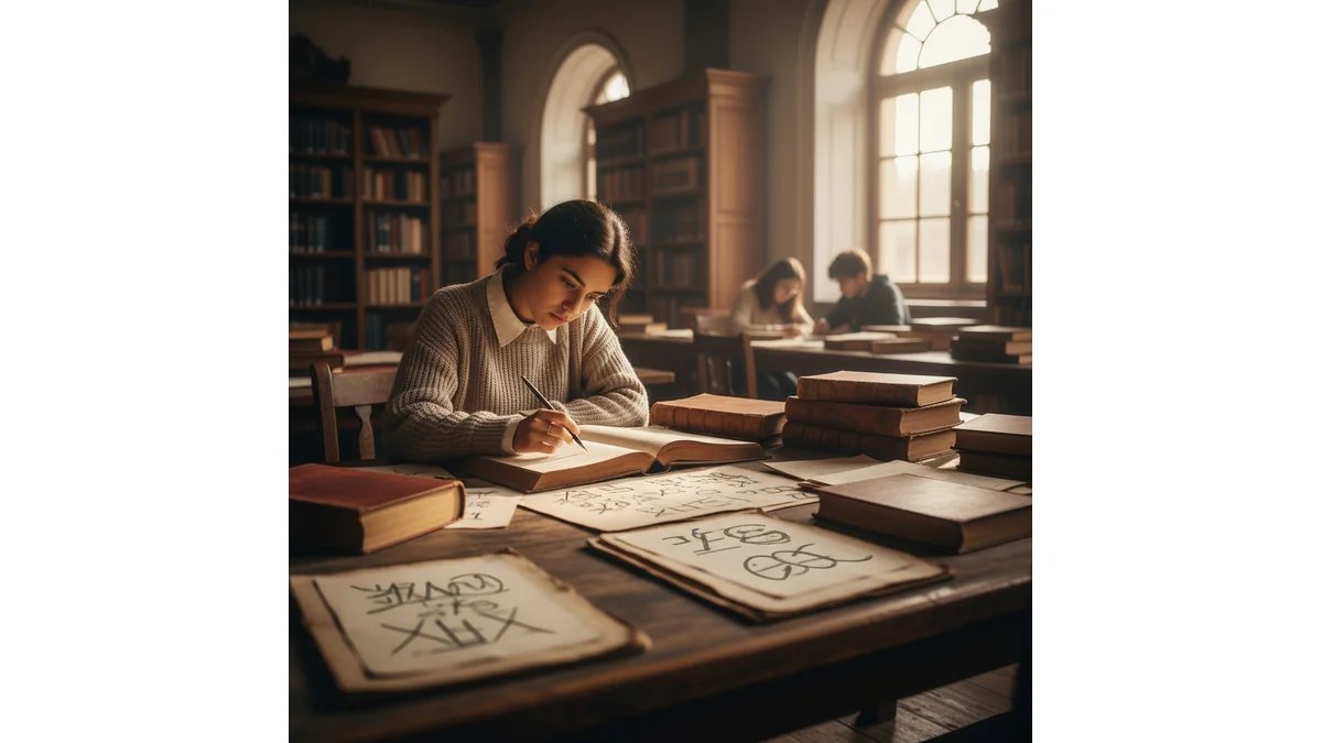 Estudante universitário de História pesquisando em biblioteca com livros antigos e documentos históricos sobre a mesa, ambiente acadêmico acolhedor