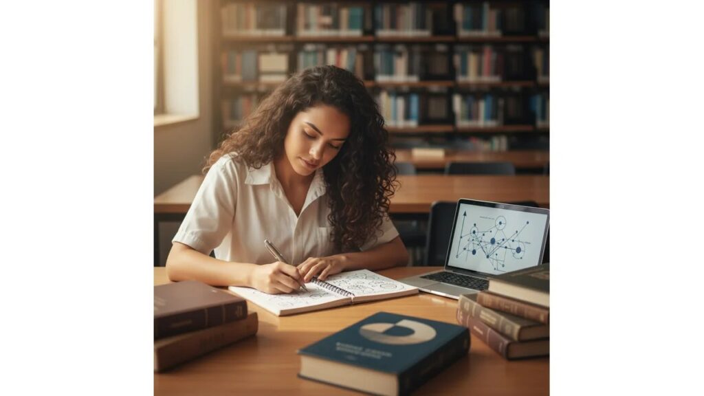 Estudante brasileira aprendendo em como fazer TCC de Letras em biblioteca universitária, escrevendo anotações cercada de livros de literatura clássica