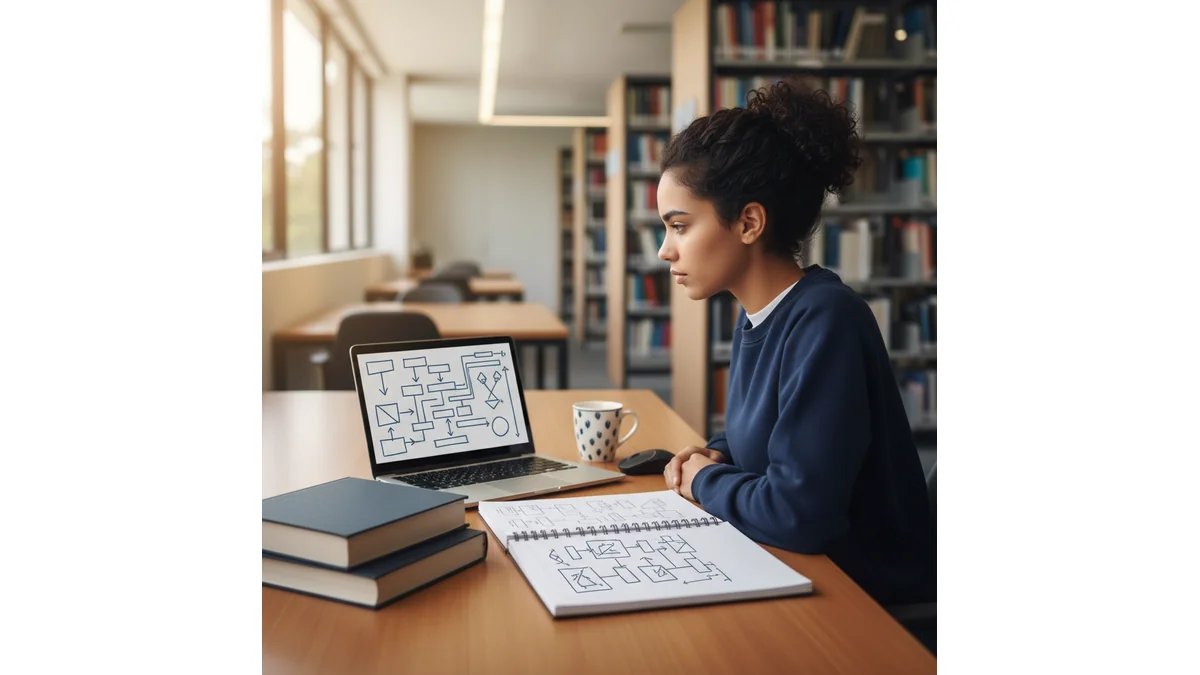 Estudante de Logística trabalhando em TCC com laptop, livros de supply chain e gráficos de processos logísticos sobre a mesa, ambiente de estudo organizado e profissional