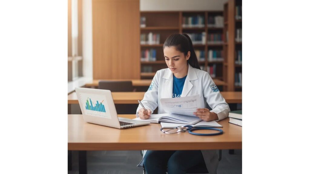 Estudante de medicina concentrada estudando como fazer TCC de medicina em biblioteca universitária com livros médicos e laptop