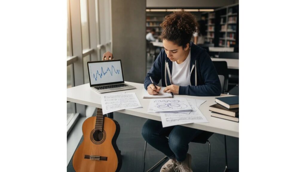 Estudante de música concentrado em biblioteca universitária, cercado por partituras, violão, laptop e livros de teoria musical, aprendeno em como fazer TCC de Música
