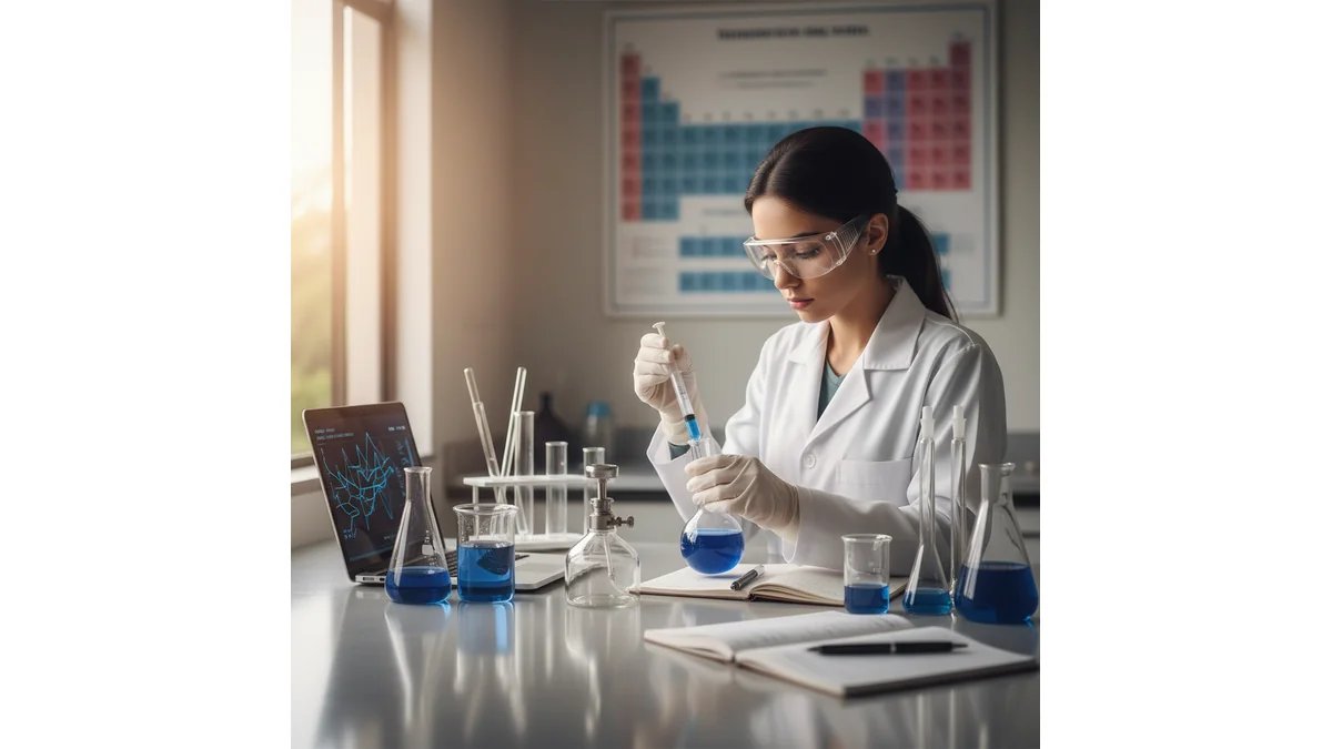 Estudante de Química trabalhando em laboratório com vidrarias, equipamentos científicos e notebook aberto, representando a integração entre prática experimental e redação acadêmica