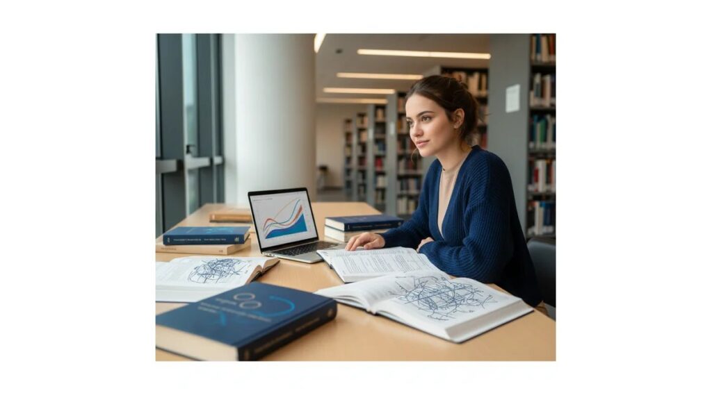 Estudante de Serviço Social aprendendo em como fazer TCC de serviço social, concentrada com livros e notebook, expressão confiante