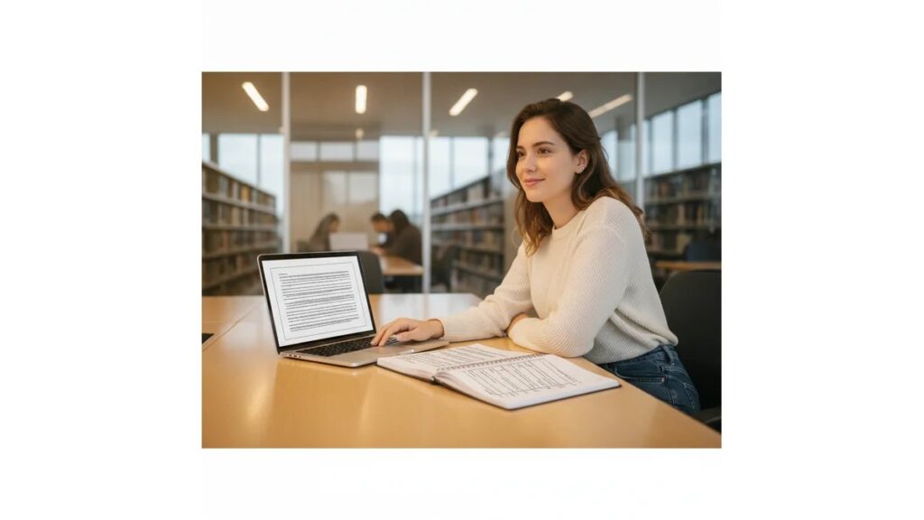 Estudante universitária brasileira aprendendo como formatar tcc em abnt no computador com notebook de anotações, em biblioteca moderna com iluminação profissional