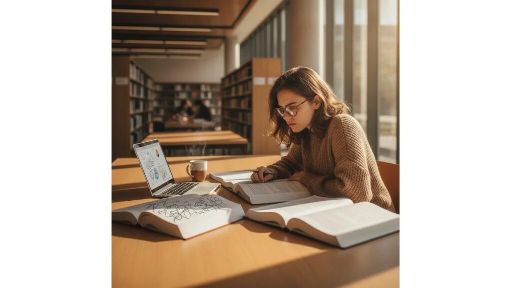 Estudante universitária aprendendo Como Humanizar Texto de IA para TCC em biblioteca moderna com laptop e livros
