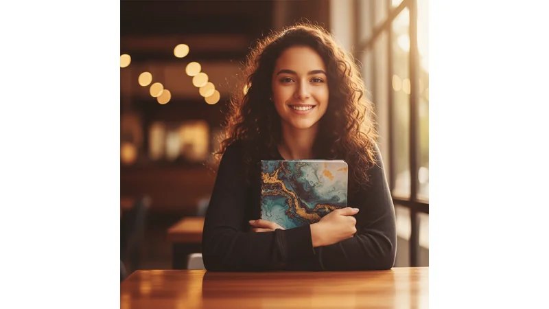 Estudante sorrindo, segurando caderno com anotações, ambiente de biblioteca ou café, expressão de alívio e confiança
