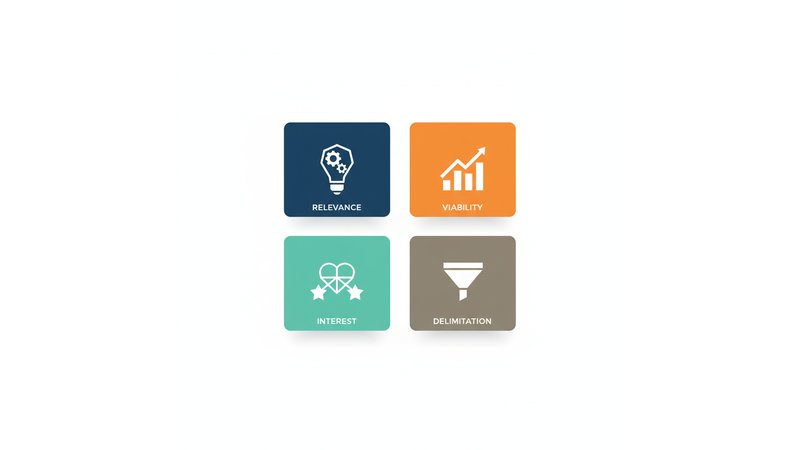 Infográfico mostrando os 4 critérios para escolha de tema de TCC de Logística: relevância, viabilidade, interesse e delimitação