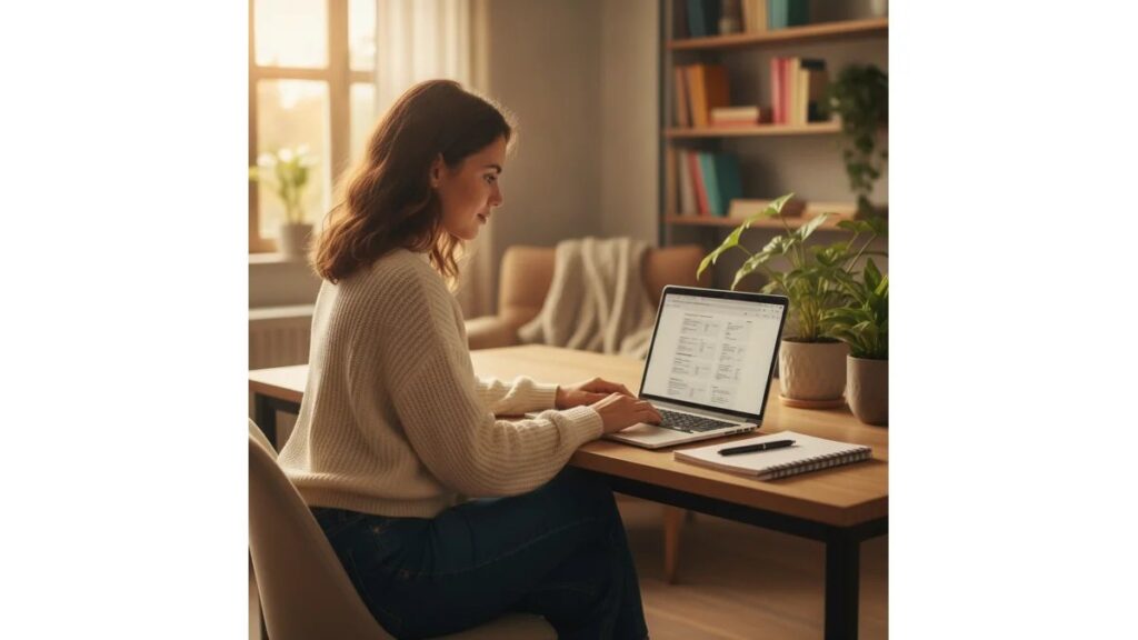 Estudante universitária consultando plataforma de cursos gratuitos com certificado para horas complementares em seu computador