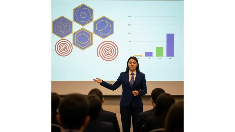 Estudante de medicina apresentando TCC para banca examinadora em sala de defesa, com projetor exibindo slides e expressão confiante