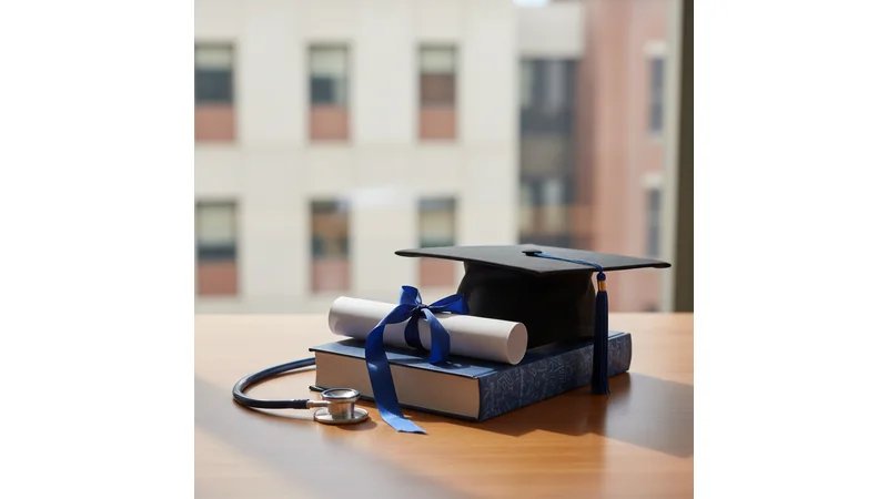 Estudante de medicina apresentando TCC para banca examinadora em ambiente acadêmico formal