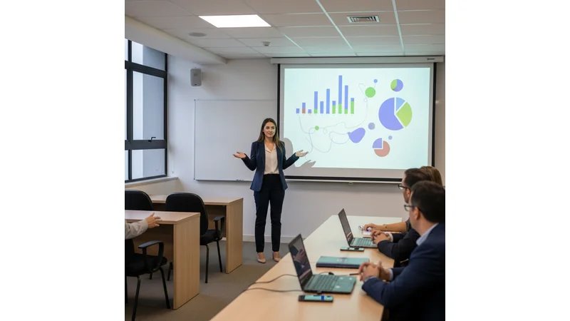 Estudante de Serviço Social apresentando TCC para banca examinadora, ambiente acadêmico, expressão confiante e profissional, slides ao fundo com gráficos de políticas públicas