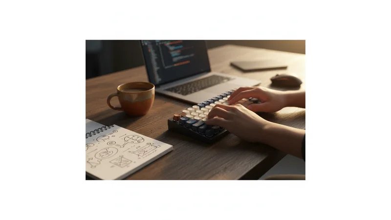 Mãos digitando código em teclado mecânico com notebook e diagramas de TCC Engenharia de Software ao fundo