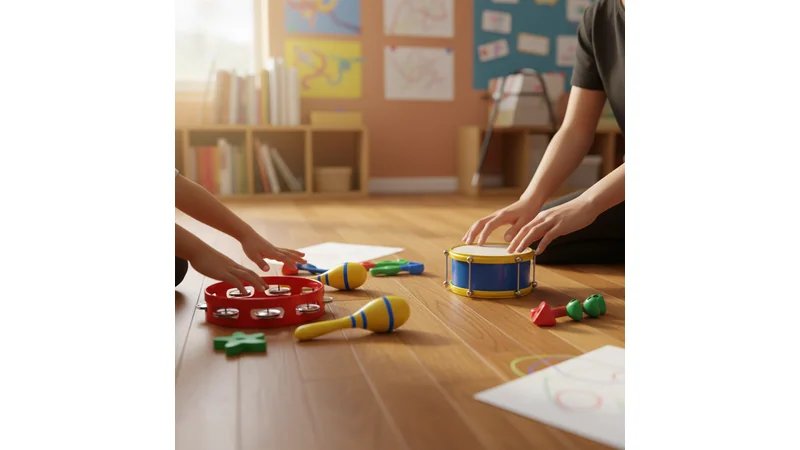 Crianças em roda tocando instrumentos de percussão em sala de aula colorida, ambiente de educação musical infantil