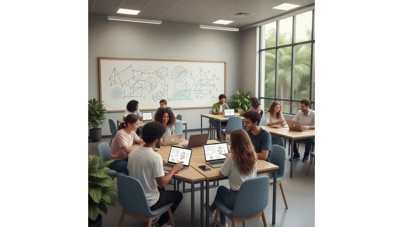 Sala de aula moderna com alunos usando tablets e professor orientando, representando o uso de tecnologias no ensino de matemática