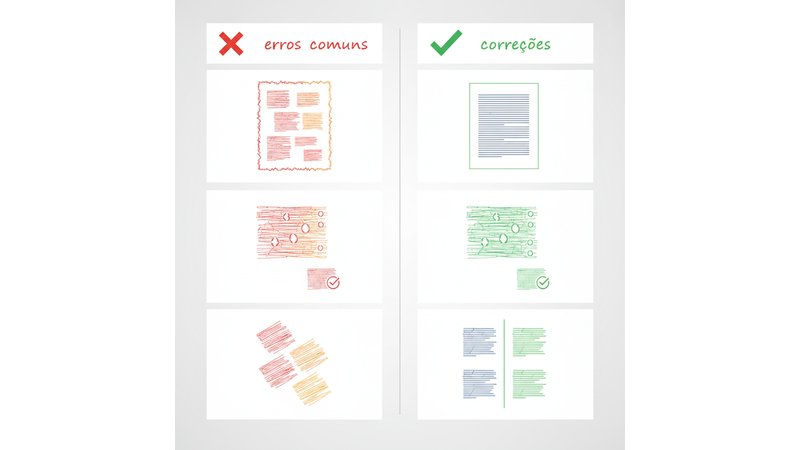 Infográfico mostrando lado a lado exemplos de erros comuns (antes) e suas correções (depois)