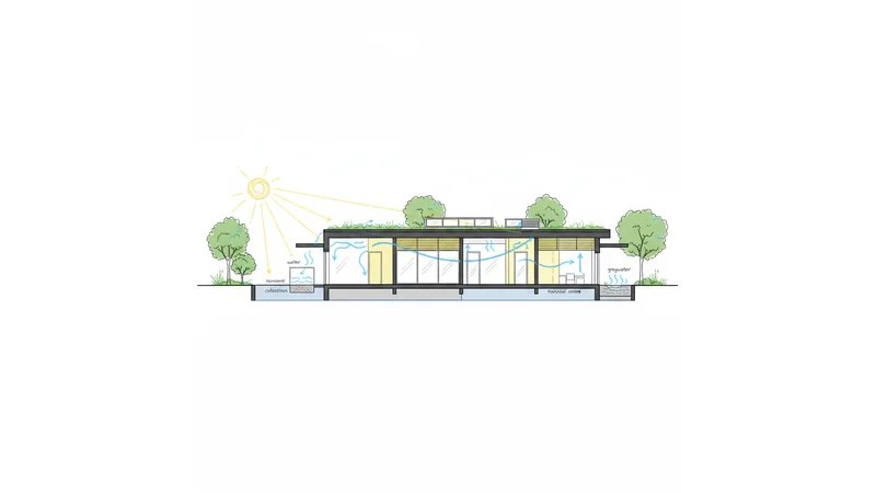 Corte esquemático de residência com estratégias bioclimáticas (ventilação cruzada, sombreamento, captação de água da chuva)