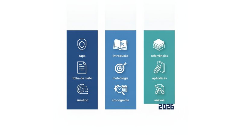 Diagrama visual mostrando a ordem dos elementos de um projeto de pesquisa ABNT, com cores diferenciando pré-textuais (azul), textuais (verde) e pós-textuais (laranja)