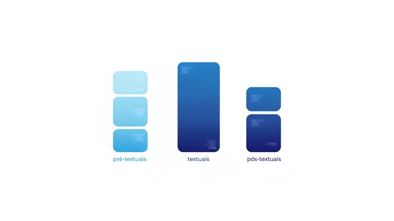Diagrama minimalista da estrutura do TCC dividida em três blocos verticais: elementos pré-textuais, textuais e pós-textuais em tons de azul para ilustrar o que é tcc