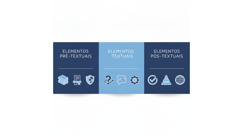Infográfico mostrando a estrutura completa de um TCC (pré-textuais, textuais, pós-textuais) com exemplos de cada seção