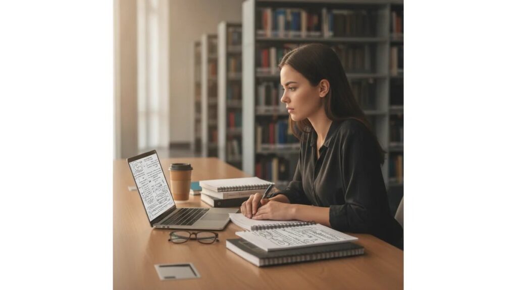 Estudante universitária analisando Como Estruturar um Artigo Científico ABNT em laptop com documentos acadêmicos em biblioteca moderna