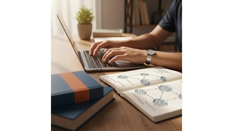 Estudante escrevendo no computador com livros abertos de Marilda Iamamoto e José Paulo Netto, caderno de anotações ao lado, expressão concentrada e confiante