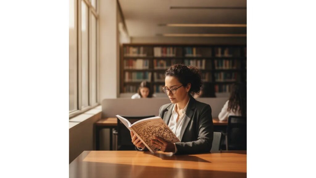 Pesquisadora brasileira lendo sobre Fator de Impacto de Revista Científica em biblioteca universitária moderna com iluminação natural