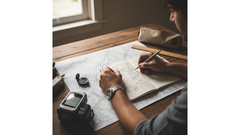 Close de mãos de estudante trabalhando com caderneta de campo, mapa topográfico, GPS e equipamentos de pesquisa geográfica sobre mesa após entender em como fazer tcc de geográfia
