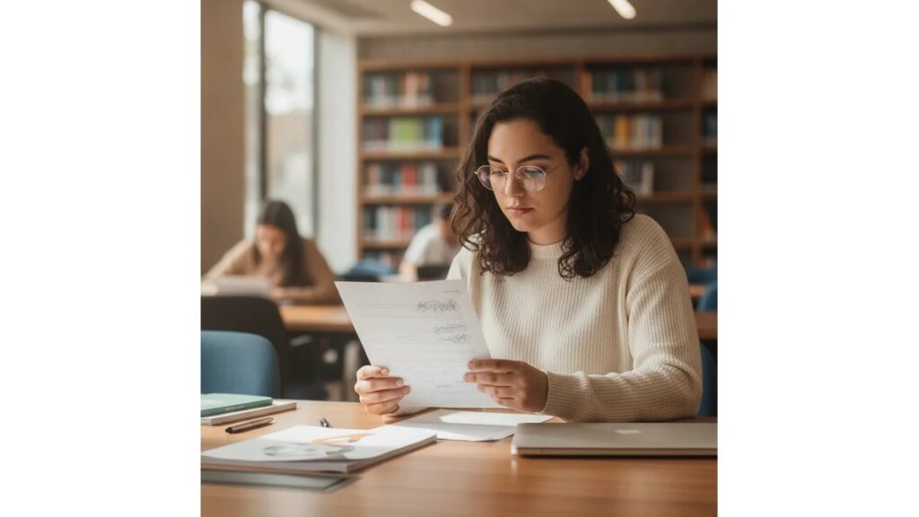 Estudante universitária analisando folha de aprovação do TCC preenchida corretamente em mesa de biblioteca moderna