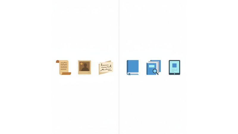 Exemplo visual de análise de fonte primária, mostrando documento histórico com anotações analíticas destacando contexto, autoria e interpretação crítica