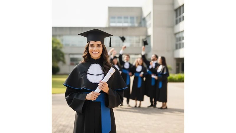 Estudante sorrindo segurando diploma, expressão de orgulho e realização, formatura