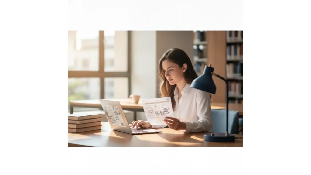 Estudante universitária em biblioteca moderna validando Gerador de Referências Bibliográficas ABNT com checklist e laptop