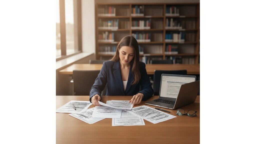 Estudante de Direito organizando certificados e documentos de Horas Complementares Direito sobre mesa de trabalho em biblioteca universitária