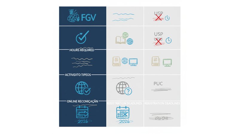 Tabela visual comparativa mostrando FGV vs outras universidades em cores diferentes, destacando semelhanças e diferenças