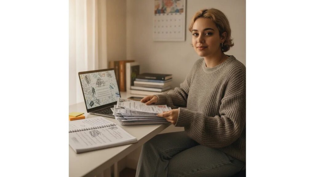 Estudante universitário organizando certificados e planejando horas complementares em mesa de estudo com notebook e calendário
