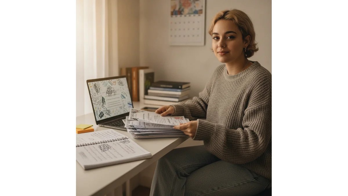 Estudante universitário planejando atividades complementares em ambiente de estudo organizado, com calendário, certificados e notebook, expressão confiante e estratégica