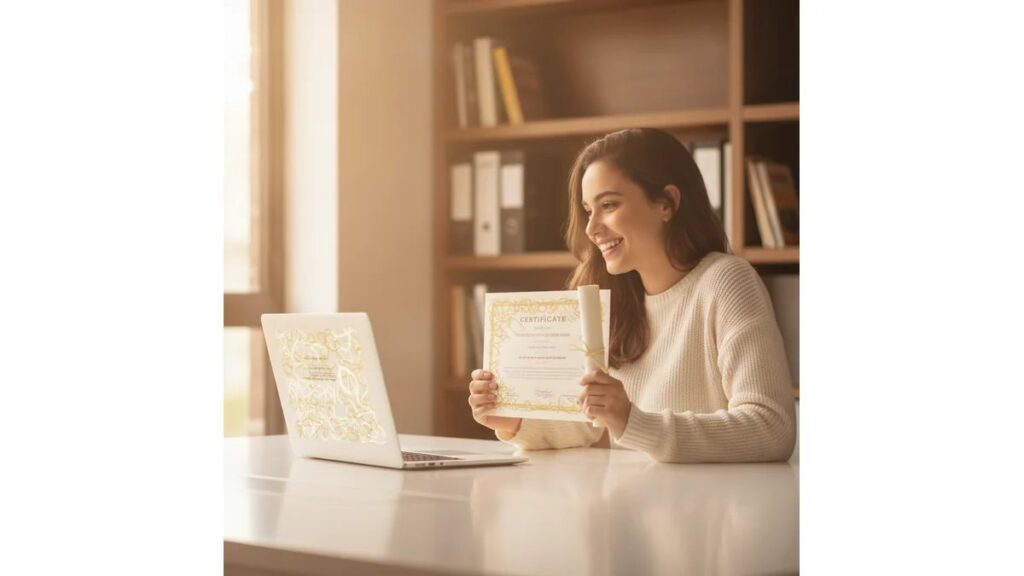 Estudante universitária consultando Horas Complementares com Certificado Gratuito online em laptop, validando horas complementares com certificado impresso em mãos