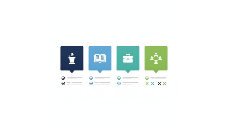 Infográfico mostrando as diferenças visuais entre horas complementares, eletivas, estágio e extensão com ícones e cores diferentes