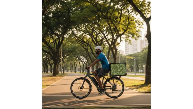 Entregador em bicicleta elétrica realizando last mile delivery em área urbana