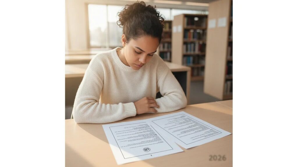Estudante universitária revisando modelo de relatório de estágio completo formatado segundo normas ABNT em biblioteca moderna